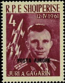 Yuri Gagarin and Vostok 1, overprinted in black