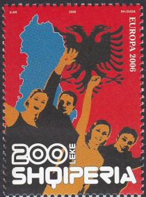 Men and women, flag and map of Albania