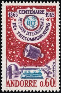 ITU emblem, satellite, ground station, telegraph key