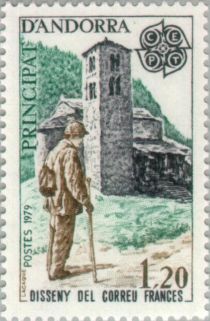 French postman in front of St. Joan de Caselles