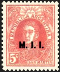 Centenary of Argentine Post, San Martín, ovpt. “M.J.I.”