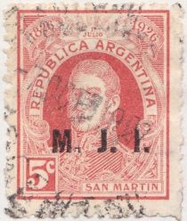 Centenary of Argentine Post, San Martin, ovpt. "M.J.I."