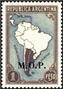 Map of South America with borderlines, ovpt. “M.O.P.”