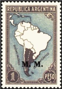 Map of South America with borderlines, ovpt. “M.M.”