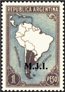 Map of South America with borderlines, ovpt. “M.J.I.”