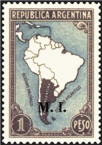 Map of South America with borderlines, ovpt. “M.I.”