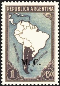 Map of South America with borderlines, ovpt. “M.G.”