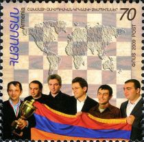 Armenian Chess Team with Cup, Flag and World Map