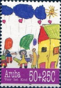 Children with balloons, house