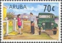 Mailman handing mail to woman, jeep,