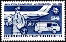 Mailman, jet, truck, and UPU emblem.