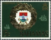 Christmas wreath around old Bahamas coat of arms