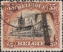 Ypres - Cloth Hall with large letter "T" overprint