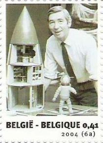 Hergé + model of Tintin and rocket