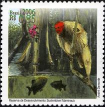 Bald Uakari (Cacajao calvus), Black Pacu (Colossoma macropom