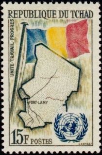 Map of Chad, national flag & UNO logo