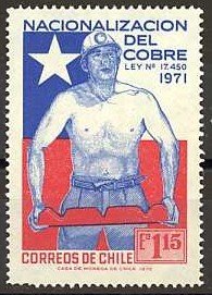 Miner Holding Copper Ingot, Chilean Flag