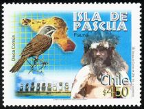 Easter Is., Moai, Diuca Finch (Diuca diuca), Islander