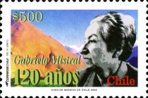 Gabriela Mistral (facing left) and mountain