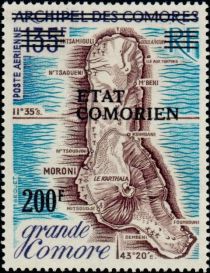 Map of Grande Comore overprinted and surcharged