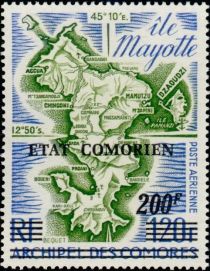 Map of Mayotte overprinted and surcharged