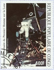 Buzz Aldrin descends the Lunar Module ladder