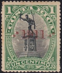 Statue of Juan Santamaría overprinted 1911, Type I, red