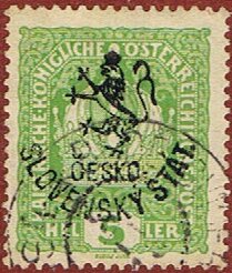 Austria Stamps Overprinted "ČESKO-SLOVENSKÝ STÁT" and Lion