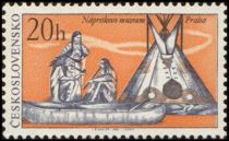 Indians, canoe and tepee