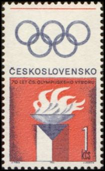 Olympic flame, Czechoslovak flag and Olympic rings