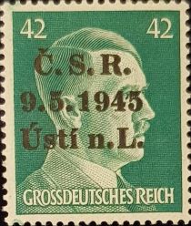 Adolf Hitler overprinted "Č.S.R. 9.5.1945 Ústí n.L."